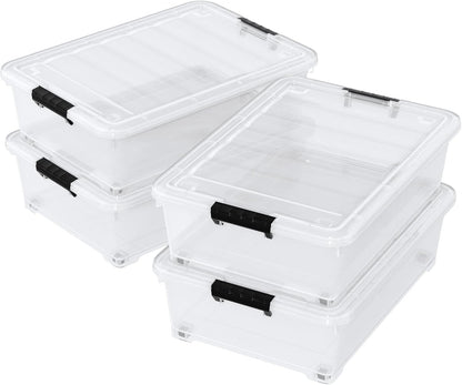 3-Pack Wheeled Plastic Under Bed Storage Box with Lids, 40 L | Under Bed Storage Bin, Secure Side Latch Lid, Built-In Rolling Wheels, Stackable Design, Perfect for Under Bed Storage