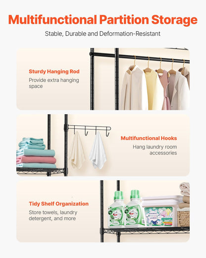 VEVOR Over The Washer and Dryer Storage Shelf, 3 Tier Laundry Room Drying Rack with Hanger Rod and Hooks, Adjustable Over Washer and Dryer Shelves, Laundry Room Shelf Storage Space Saver, Black