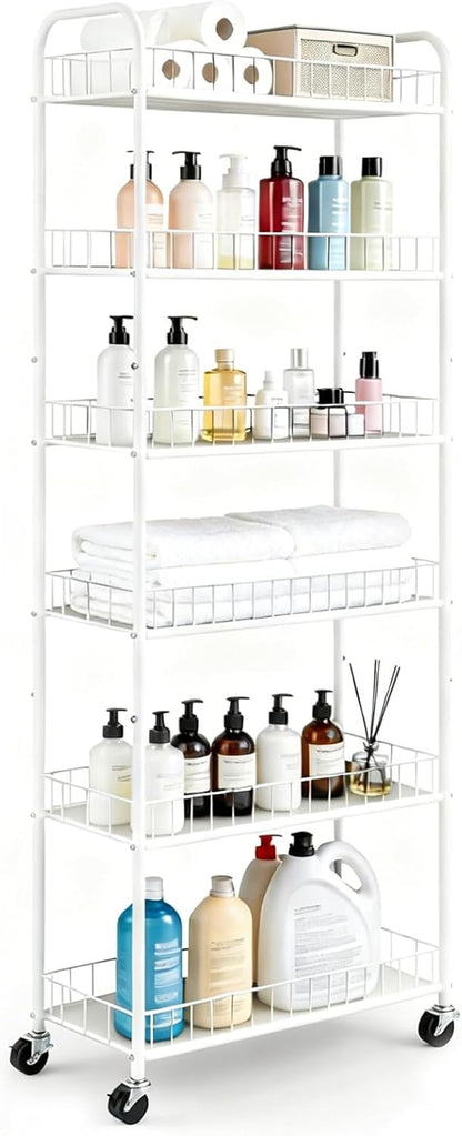 10in 6-Tier Slim Storage Cart with Wheels, Metal 10in Wide Black Narrow Rolling Shelf, Sturdy Slim Storage with Hooks Ideal for Kitchen, Bathroom, and Laundry Room