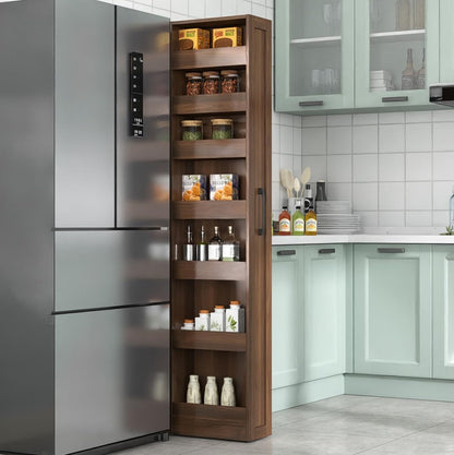 71" Tall Narrow Pantry Cabinet on Wheels, 7 Tier Slim Pull Out Pantry Cabinet 7.87"W Rolling Spice Rack Next to Fridge, Rolling Kitchen Storage Shelf with Handle for Narrow Small Space (Walnut)