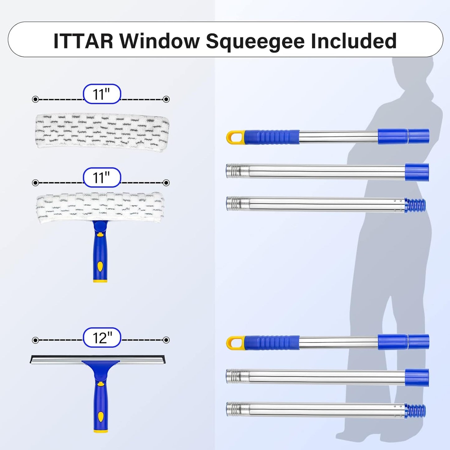 ITTAR Window Squeegee with 86 Inch Extension Pole, Rotatable Window Cleaning Kit with Long Handle, Rubber Blade & Microfiber/Chenille Pads Glass Cleaner Tool for Outdoor Windows, Glass, Car