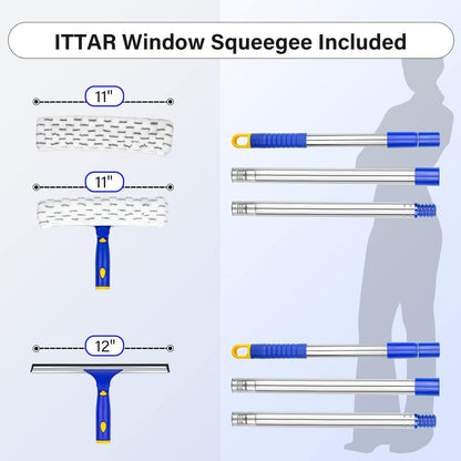 ITTAR Window Squeegee with 86 Inch Extension Pole, Rotatable Window Cleaning Kit with Long Handle, Rubber Blade & Microfiber/Chenille Pads Glass Cleaner Tool for Outdoor Windows, Glass, Car