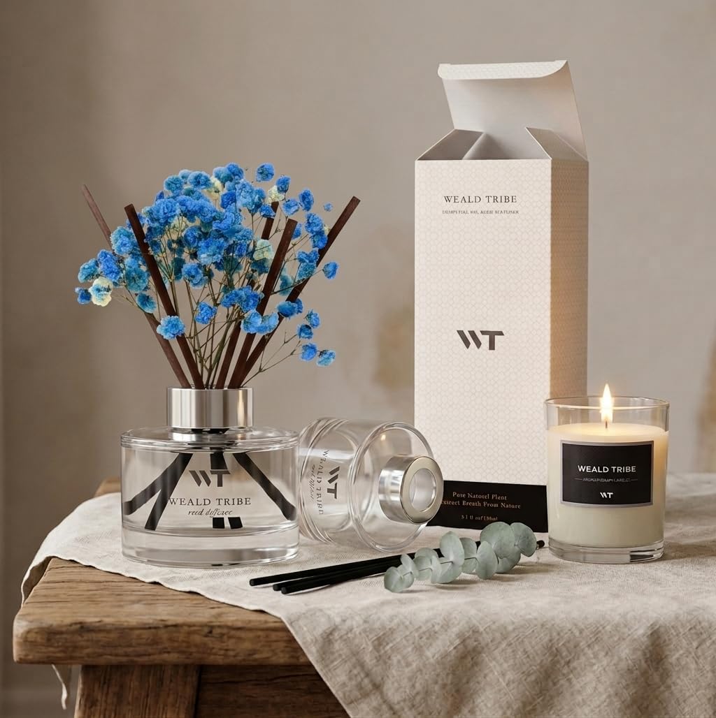Flower Reed Diffuser Set Wild Eucalyptus Mint Scent for Bathroom Accessories Shelf Decor & Air Fresheners, Sticks Defusers with 5.1 fl oz Essential Oils & Leaves, House Bedroom Office Decor & Gifts