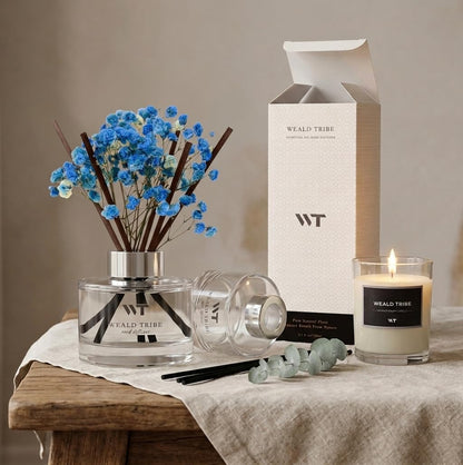 Flower Reed Diffuser Set Wild Eucalyptus Mint Scent for Bathroom Accessories Shelf Decor & Air Fresheners, Sticks Defusers with 5.1 fl oz Essential Oils & Leaves, House Bedroom Office Decor & Gifts