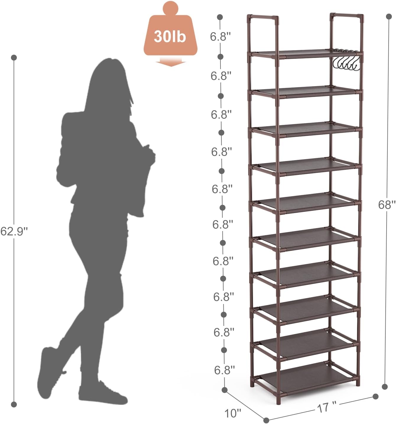 LANTEFUL 10 Tiers Tall Shoe Rack 20-25 Pairs Boots Organizer Storage Sturdy Narrow Shoe Shelf for Entryway, Closets with Hooks, Black