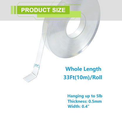 Double Sided Tape 33Ft(10m), Nano Clear Heavy Duty Mounting Tape, 0.4" Wide Reusable Washable Adhesive Strips for Walls, Car, Home, Phone Holder - No Residue & Strong Sticky