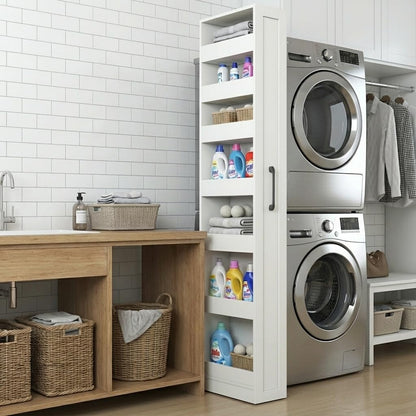 Slim Rolling Storage Cart, 6-Tier Pull-Out Spice Rack with Handle & Wheels, Narrow Kitchen Organizer for Next to Fridge, Pantry, Laundry Room,11.8 Inch Wide Space Saver（Black, With Side Panel)
