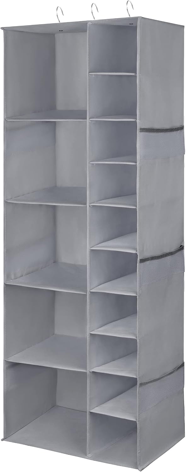 Libeder Shoe Organizer for Closet, 15 Shelf Hanging Closet Storage Shelves - 10 Shoe Rack Organizer and 5 Compartment for Clothes with 6 Side Mesh Pockets for Scarves Socks,Gloves, Grey