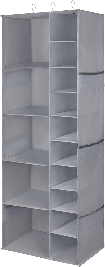 Libeder Shoe Organizer for Closet, 15 Shelf Hanging Closet Storage Shelves - 10 Shoe Rack Organizer and 5 Compartment for Clothes with 6 Side Mesh Pockets for Scarves Socks,Gloves, Grey