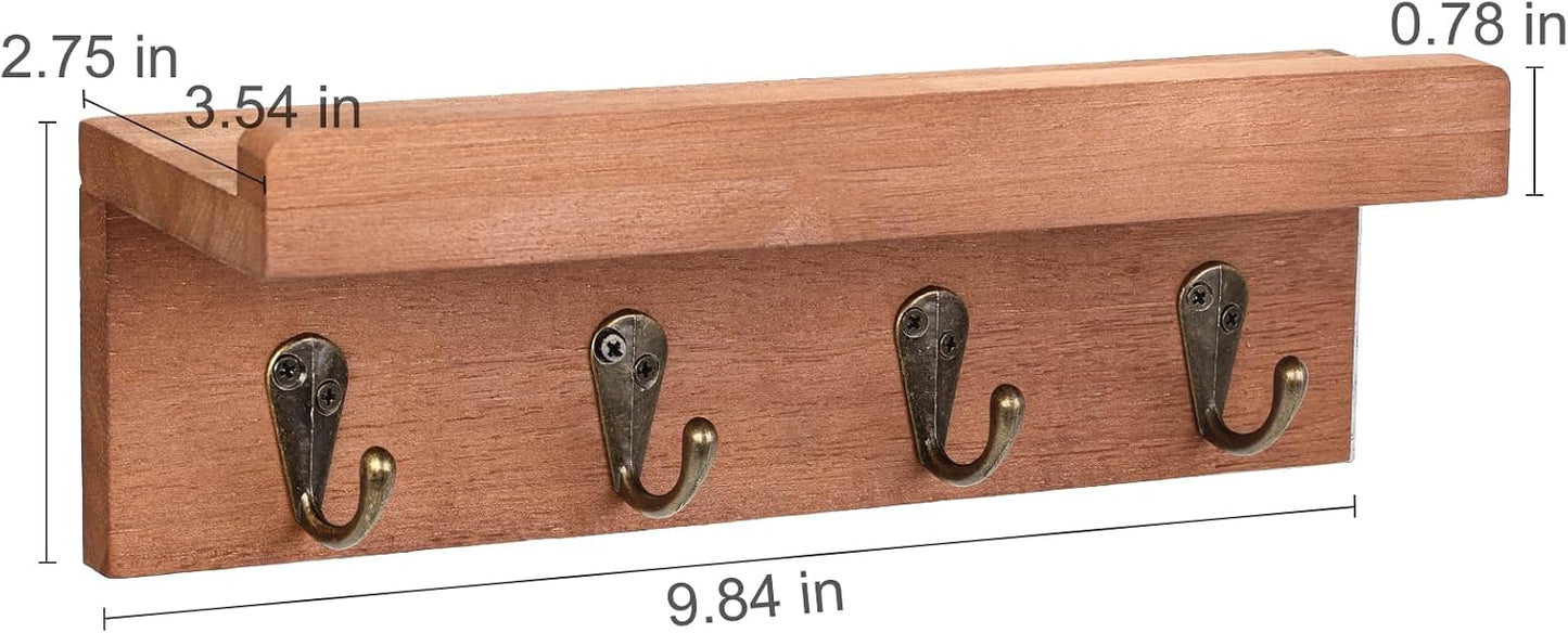 HRONRAD Rustic Key Holder for Wall, Farmhouse Wall Shelf with 4 Hooks, Wall Mounted Key Racks, Wooden Mail Organizer with Hooks for Entryway (Brown)