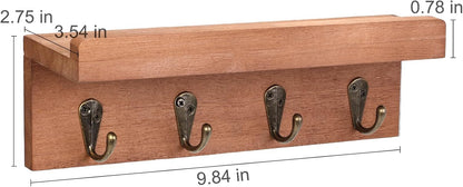 HRONRAD Rustic Key Holder for Wall, Farmhouse Wall Shelf with 4 Hooks, Wall Mounted Key Racks, Wooden Mail Organizer with Hooks for Entryway (Brown)