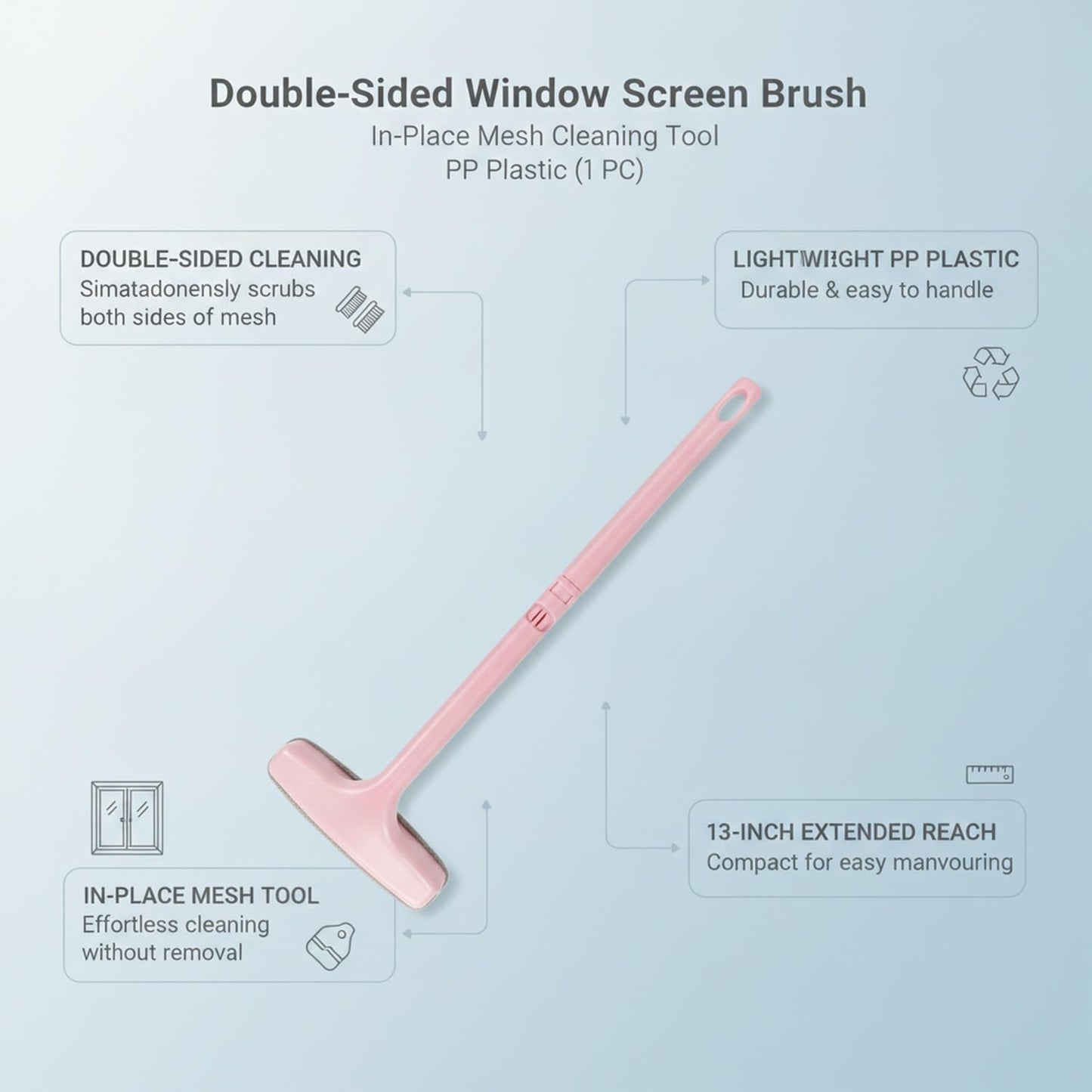Living Room & Balcony Window Screen Cleaner, Double-Sided Mesh Brush with 13-Inch Handle, PP Plastic Tool for in-Place Cleaning (1 PC)