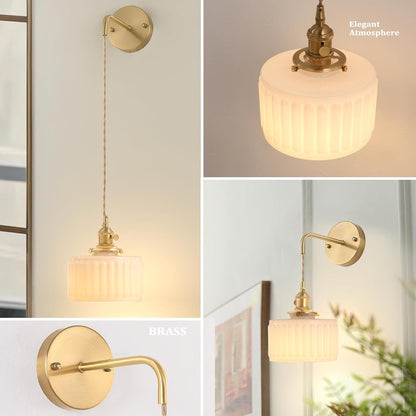 Shenmoyl Vintage Battery Operated Wall Sconce with Clear Striped Glass Lampshade 5000 mAh Rechargeable Battery Powered Wall Light with Remote Control for Bedside Bedroom Doorway, Set of 2