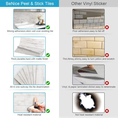 BeNice Peel and Stick Backsplash for Kitchen Tile,Peel and Stick Tiles for Walls Tile Stickers Waterproof Marble Tile Backsplash 3.85"x11.73"(16Tiles) White Gray