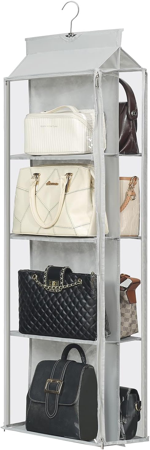8 Grids in 1 Pack Hanging Purse Handbag Organizer with Double Zippers, Visible Purse Organizer for Closet, Fully Enclosed Purse Storage Holder-Black