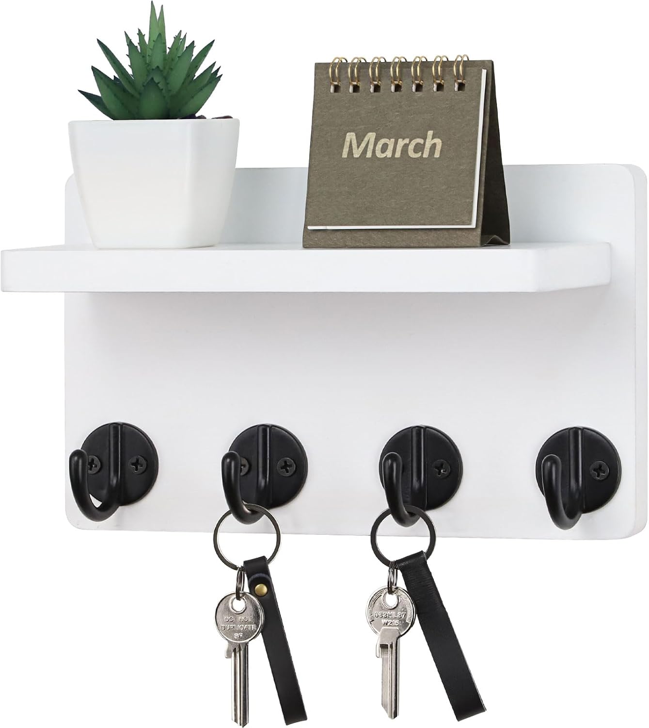 Nekon Key Holder Wall Mount, 8.5 Inch Small Home Decor Wooden Wall Organizer with 4 Hooks and Shelf, Wall Decor for Living Room Entryway Kitchen (Brown)