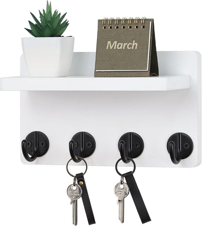 Nekon Key Holder Wall Mount, 8.5 Inch Small Home Decor Wooden Wall Organizer with 4 Hooks and Shelf, Wall Decor for Living Room Entryway Kitchen (Brown)