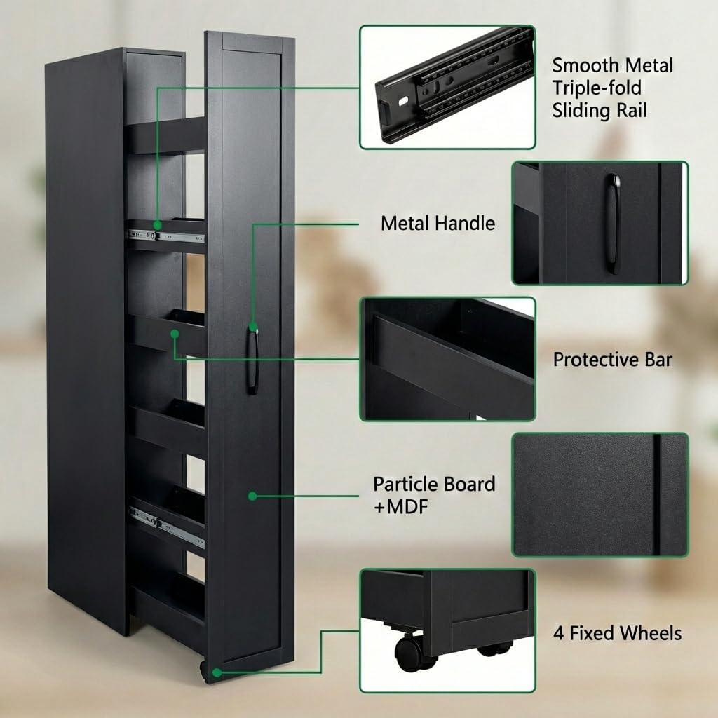 Slim Rolling Storage Cart, 6-Tier Pull-Out Spice Rack with Handle & Wheels, Narrow Kitchen Organizer for Next to Fridge, Pantry, Laundry Room,11.8 Inch Wide Space Saver（Black, With Side Panel)