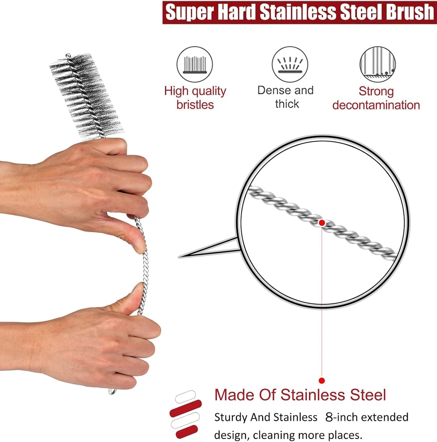16 Inch Extra Long Pipe Cleaning Brush Set Stainless Steel Bristles, Stainless Steel Pipe Brush Steel Bottle Brush 8 Piece Variety Pack for Auto Parts, Bottles,Tubes, Etc.