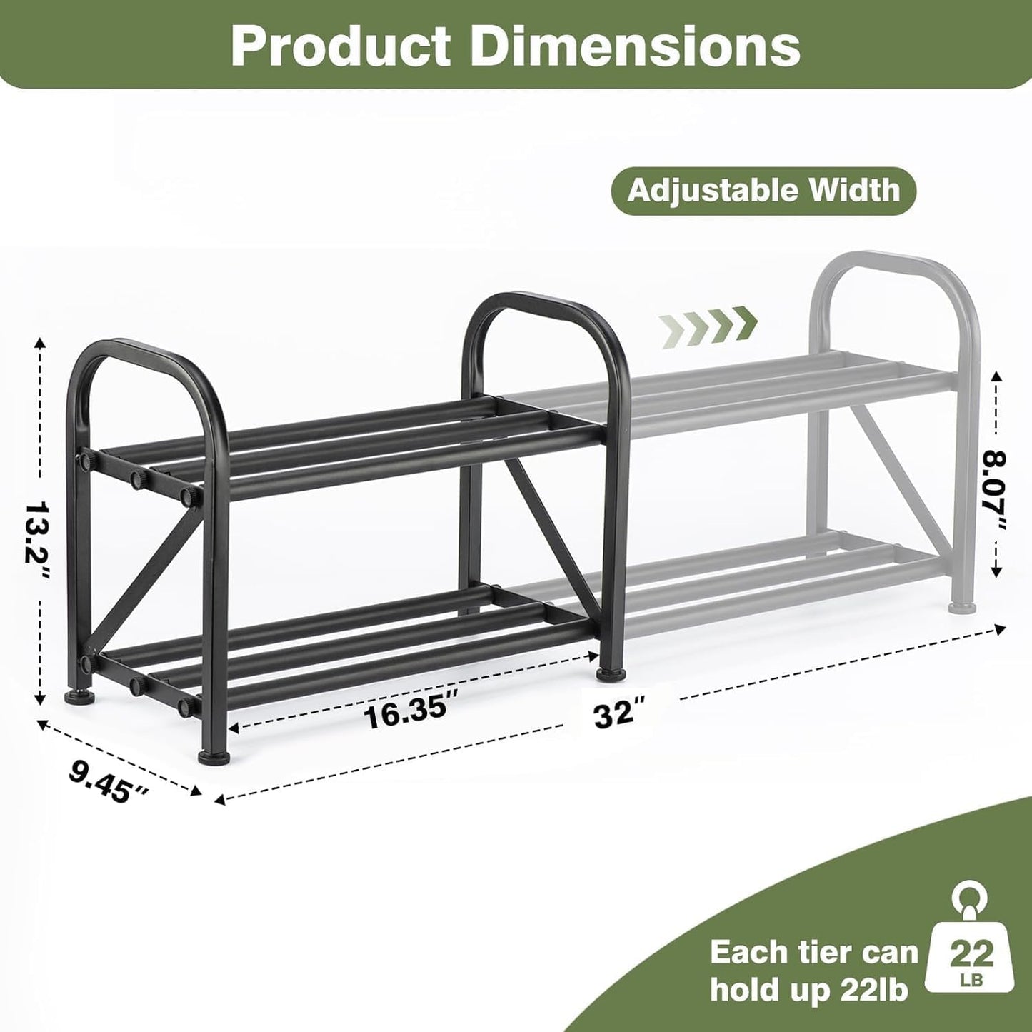 4-Tier Expandable Shoe Rack, Stackable and Adjustable Shoes Organizer Storage Shelf, Sturdy and Durable Metal Structure Free Standing Shoe Rack for Closet Entryway Doorway