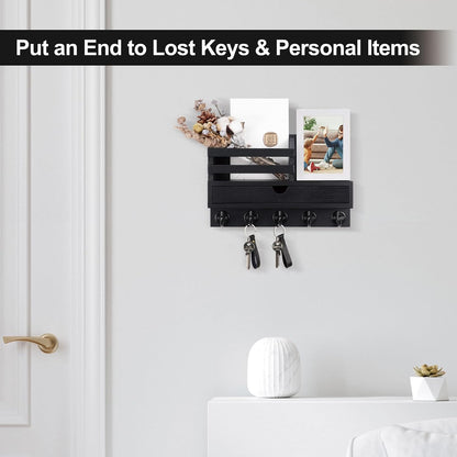 Key Holder Wall Mount, Mail Holder with Storage Drawer and 5 Key Hooks for Coat, Dog Leash, Home Decor Rack, House Accessories, Entry Way Organizer