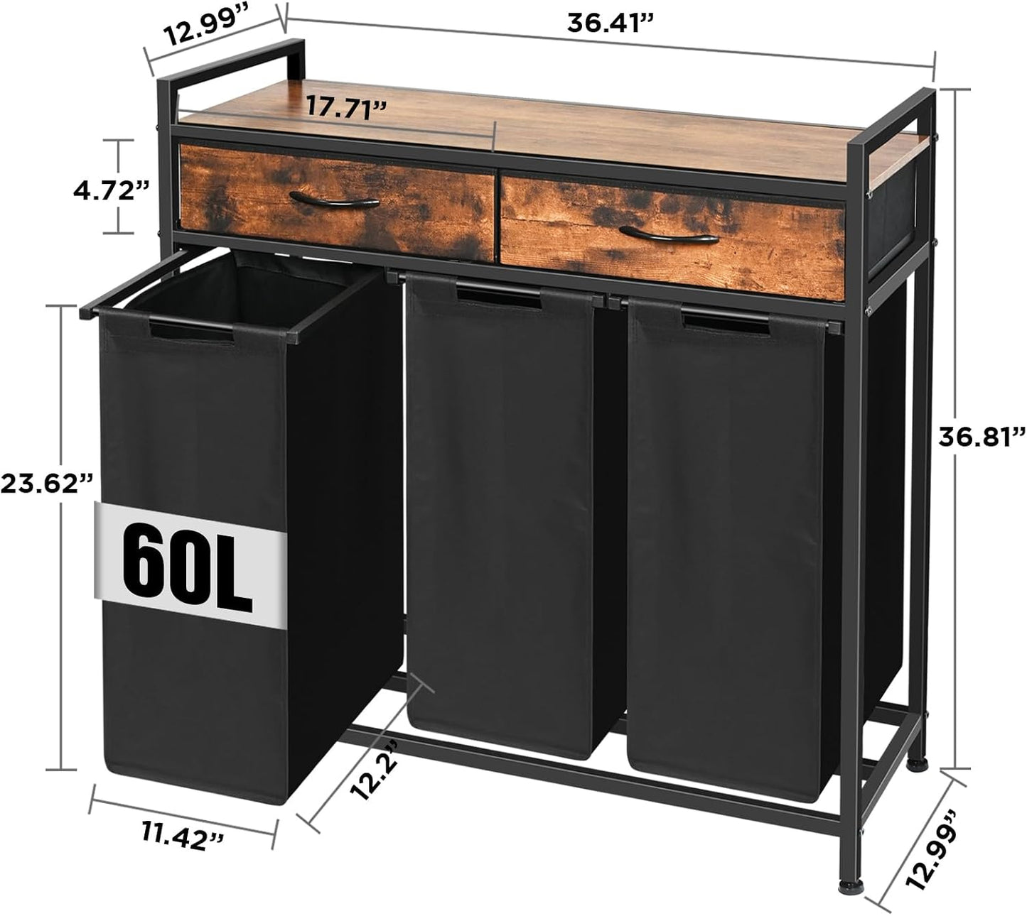 Laundry Hamper 3 Section, 150L Rolling Laundry Sorter Basket with 2 Shelves and 2 Drawers, 3 Compartment Clothes Organizer Cart with Wheels, Pull-Out Bags for Laundry Room, Bathroom, Bedroom