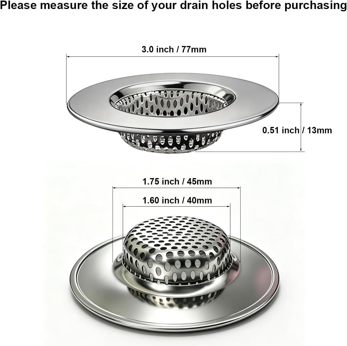 Seatery Bathtub Drain Strainers, Tub Drain Hair Catcher, Stainless Steel Bath Drain Cover Basket, Outer Diameter 3.0 inch/7.7cm, Inner Diameter 1.60 inch/4.0cm, Pack of 2