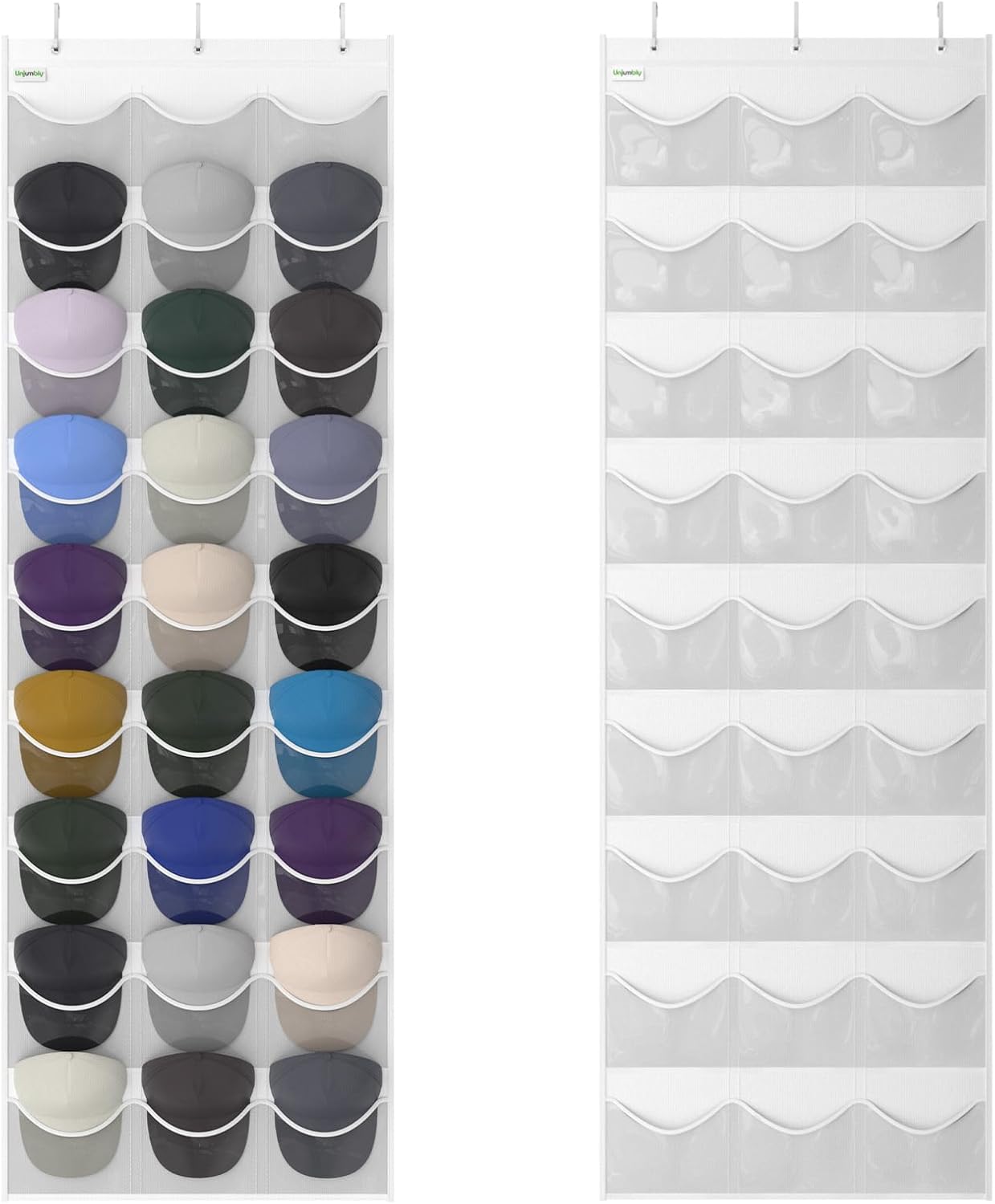 Baseball Hat Rack, 24 Pocket Over-The-Door Hat Organizer with Clear Deep Pockets to Display Baseball Caps Collection, Complete with 3 Over Door Hooks (Black, 24 Pockets)