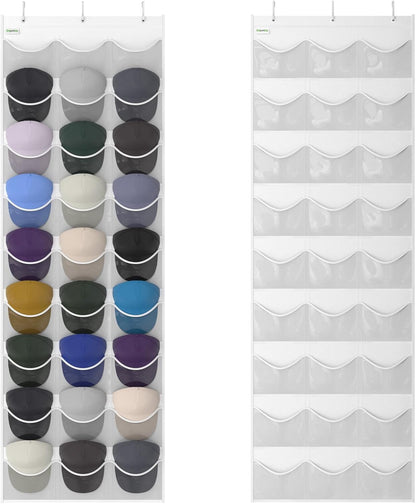 Baseball Hat Rack, 24 Pocket Over-The-Door Hat Organizer with Clear Deep Pockets to Display Baseball Caps Collection, Complete with 3 Over Door Hooks (Black, 24 Pockets)