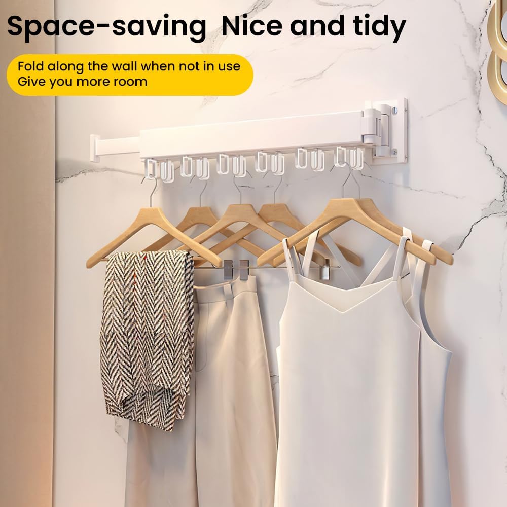HomeBeyond Aluminum Wall Mounted Drying Rack, Upgrade 3-Fold Foldable Retractable Clothing Drying Rack with 12 Hooks, Space Saver Clothes Hanger for Indoor/Outdoor Use in Laundry, Balcony, Bathroom