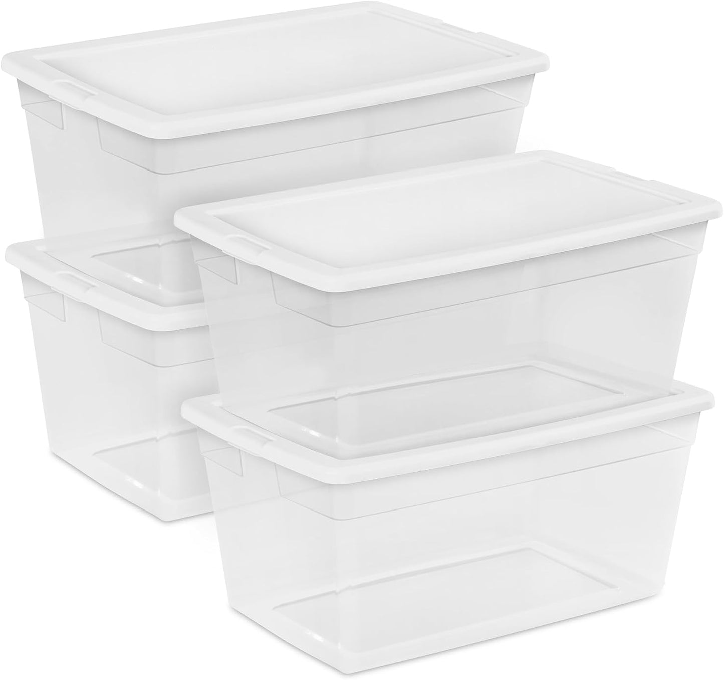 Sterilite 6 Pack Storage Box, 41 Quart Stackable Tote, Clear Plastic Container with Secure Snapping White Lids for Home and Office Organization