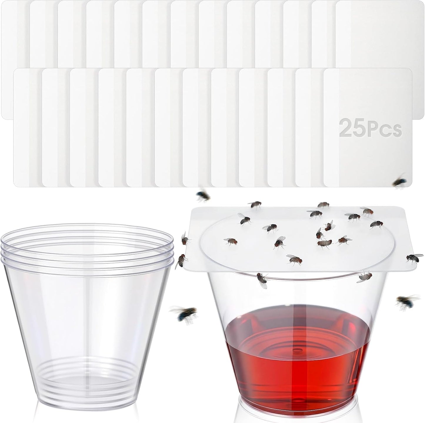 Fruit Fly Trap 25 Pcs Double-Sided Sticky Adhesive Cards and 5 Pcs Plastic Cups Indoor Sticky Fly Killers for Gnats, Fruit Flies, Moths, Kitchen Insect Control