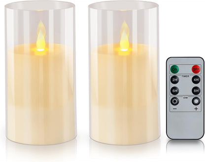 wemarry Flameless Candles 4" 5" 6" Acrylic Glass Pillars 3" Diameter Battery Operated Flickering Candles Include 8-Key Remote with Timer Function 400+ Hours (Amber, Warm Light 3 Pack)
