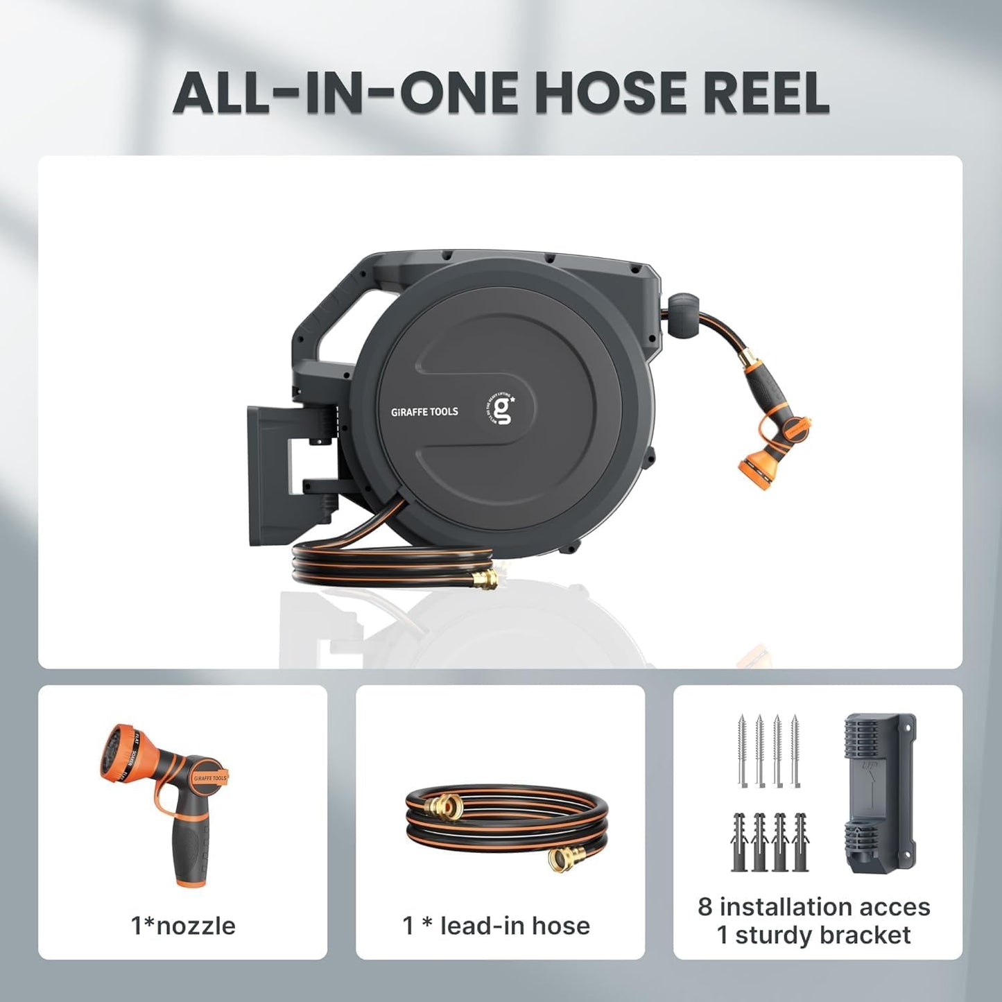 Giraffe Tools Retractable Garden Hose Reel 1/2 Inch x 130 ft, Super Heavy Duty, Any Length Lock, Slow Return System, Wall Mounted and 180 Deg Swivel Bracket
