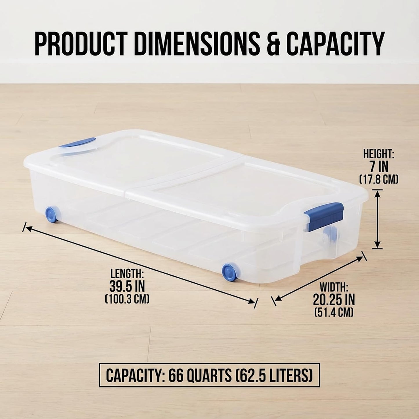 66 Quart Clear Underbed Storage Bin with Wheels & Latching Lid - Low Profile Plastic Storage Container for Clothes, Shoes, Bedding, Wrapping Paper Organizer, Slim Rolling Under Bed Storage Box