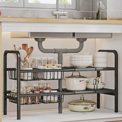 Under Sink Organizer and Storage 2 Tier Expandable Shelves Kitchen Cabinet Crganizers with 4 Baskets and 4 Panels for Bathroom Counter shelf Pantry
