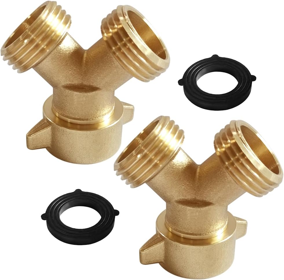 Joywayus 2PCS Brass 3/4" GHT Garden Hose Splitter Body Backyard 2 Way Y Shaped Connector Threaded Pipe Fitting Coupler Adapter with Washer