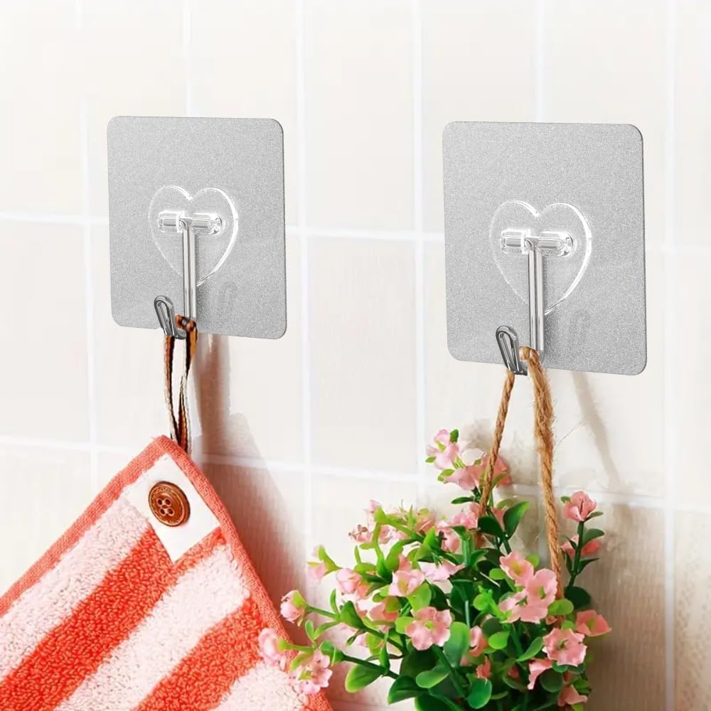 DGYB 20 Pcs Clear Adhesive Hooks for Hanging 22lb Self Adhesive Wall Hooks Heavy Duty Waterproof Transparent Sticky Hooks for Shower Home Bathroom Kitchen Office