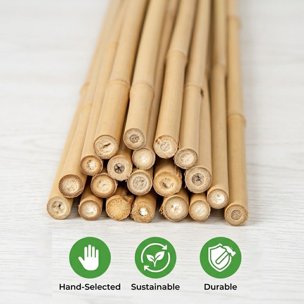 Plant Stakes Natural Bamboo Sticks - 30 Pcs Bamboo Garden Stakes for Plants 4.8 FT Plant Support Sticks with Twist Ties for Tomatoes Beans Flowers Indoor Outdoor Potted Climbing Plants