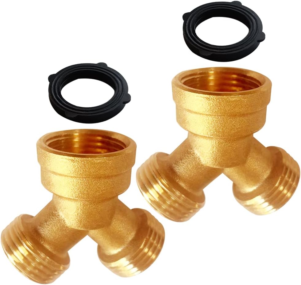 Uenede 2PCS Garden Hose Splitter Brass 3/4" GHT Thread Heavy Duty 2 Way Y Connector with Washers Garden Hose Adapter for Backyard Water Tap, Outlet, & Spigot