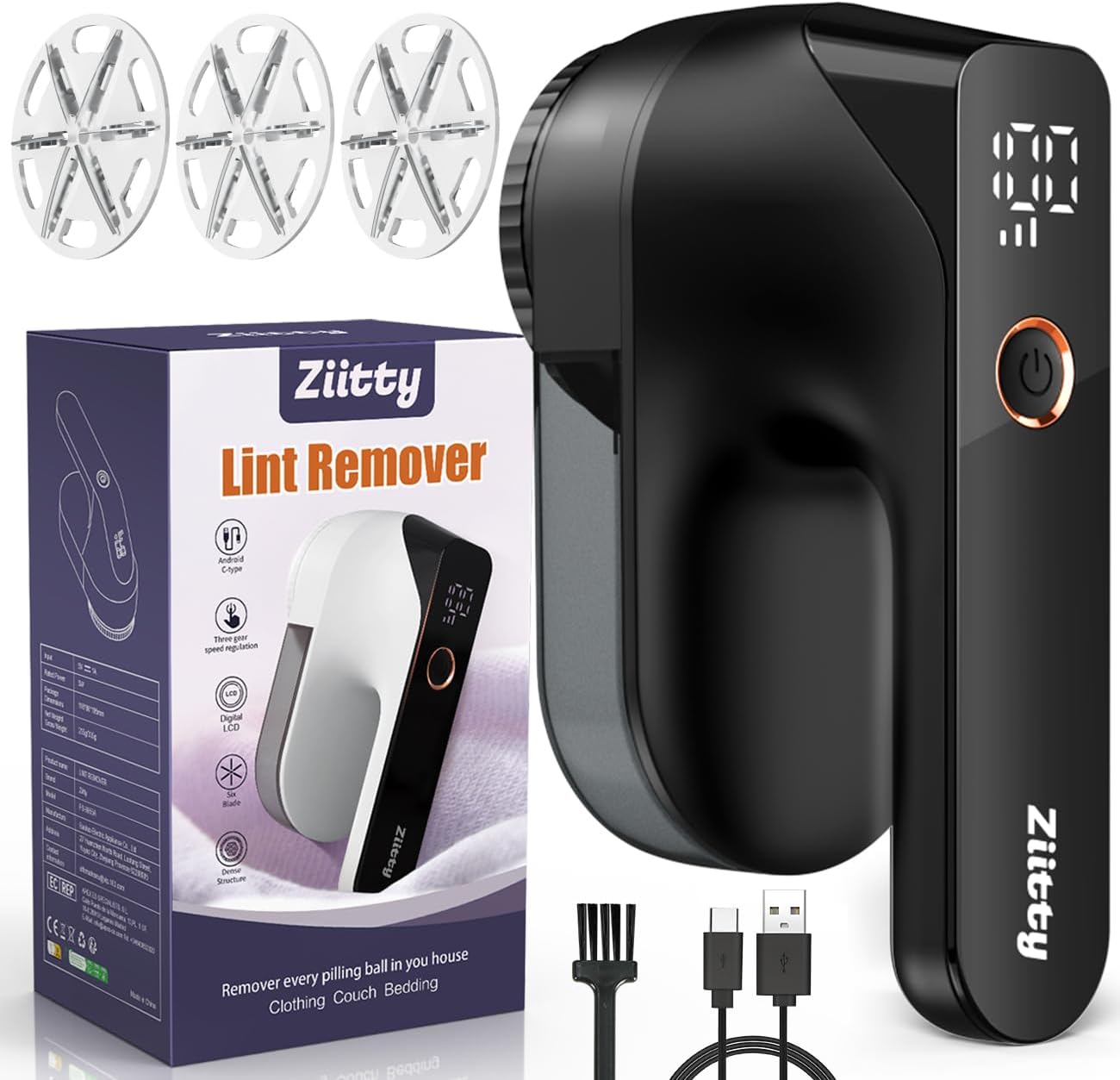 Fabric Shaver - Ziitty Lint Remover for Clothes, Sweater Defuzzer with LCD Display, 3-Speeds, 6-Blade, Type-C Rechargeable, Sweater Shaver to Remove Pilling Fuzz Lint Balls Pills for Clothes Furniture