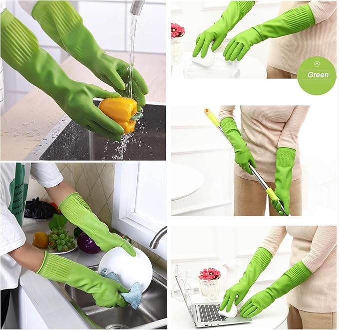 3 Pairs Dishwashing Gloves, 15" Cuff Reusable Cleaning Gloves for Kitchen, Bathroom & Household Chores - Thick Flexible Latex-Free Rubber, Non-Slip Grip (Red/Yellow/Green, Large)