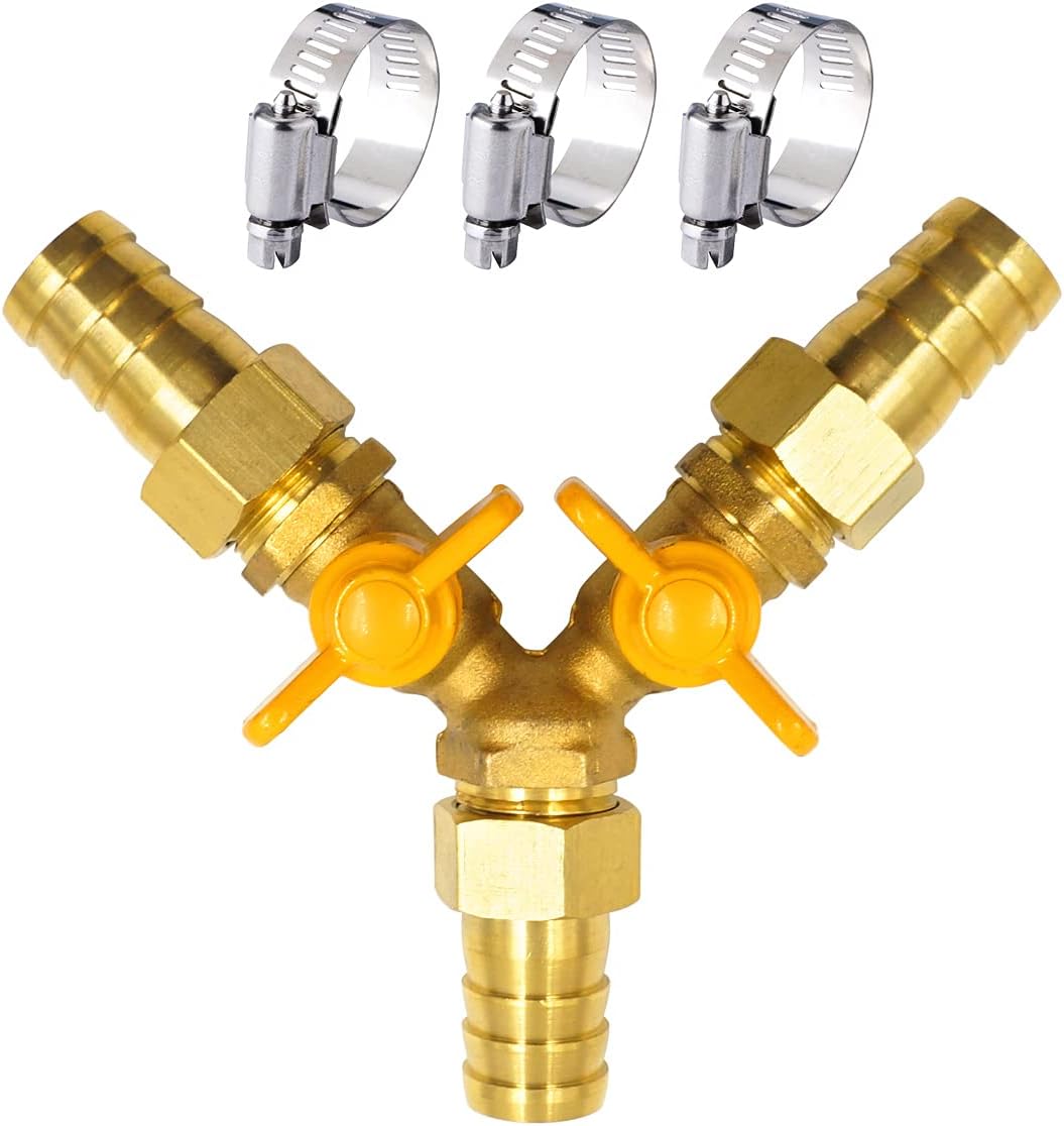 brass 3/4 inch O.D. barb three way shut off ball valve for gas hose air water pvc pex garden tubing fuel line, tee switch splitter fitting