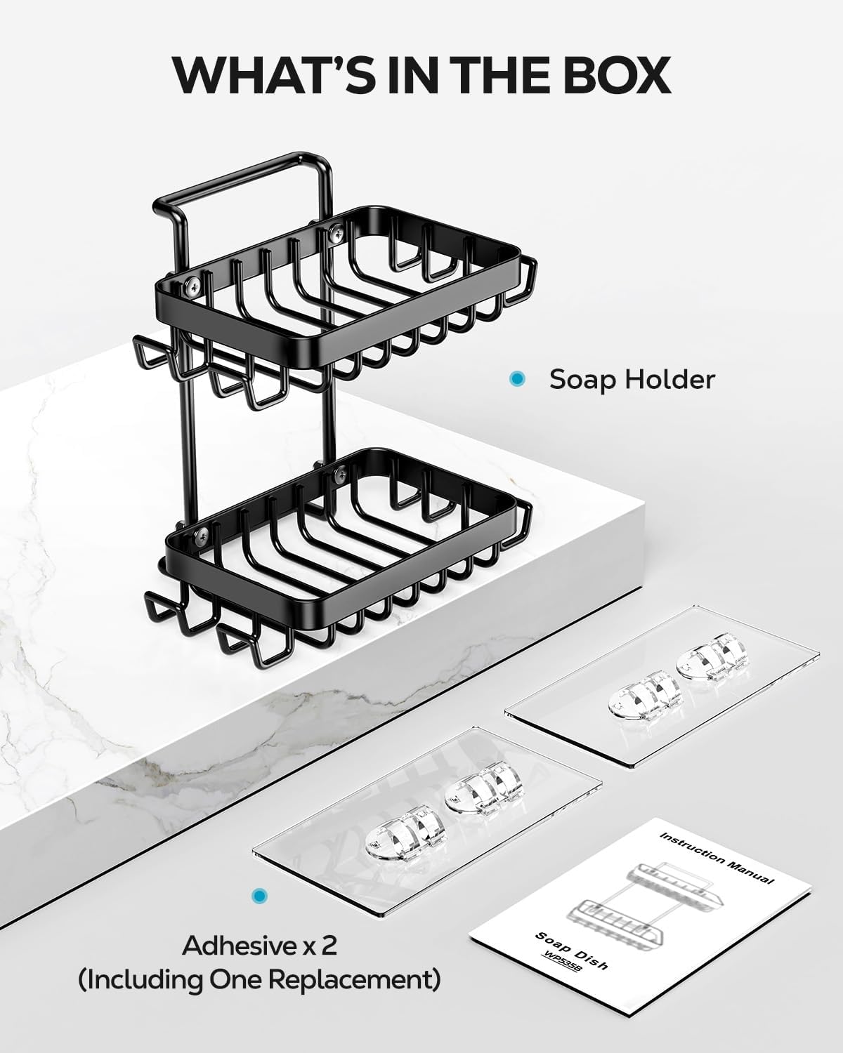 Nieifi Bar Soap Holder, Adhesive Soap Dish for Bathroom Shower Wall | Stainless steel, 2 tier, razor holders, 8 hooks, bathtub, kitchen sink, wall mounted, no drilling, counter, black