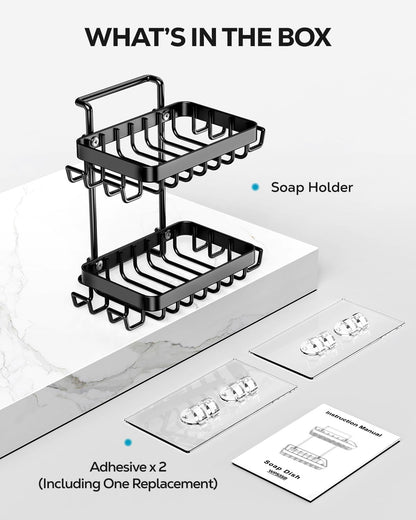 Nieifi Bar Soap Holder, Adhesive Soap Dish for Bathroom Shower Wall | Stainless steel, 2 tier, razor holders, 8 hooks, bathtub, kitchen sink, wall mounted, no drilling, counter, black