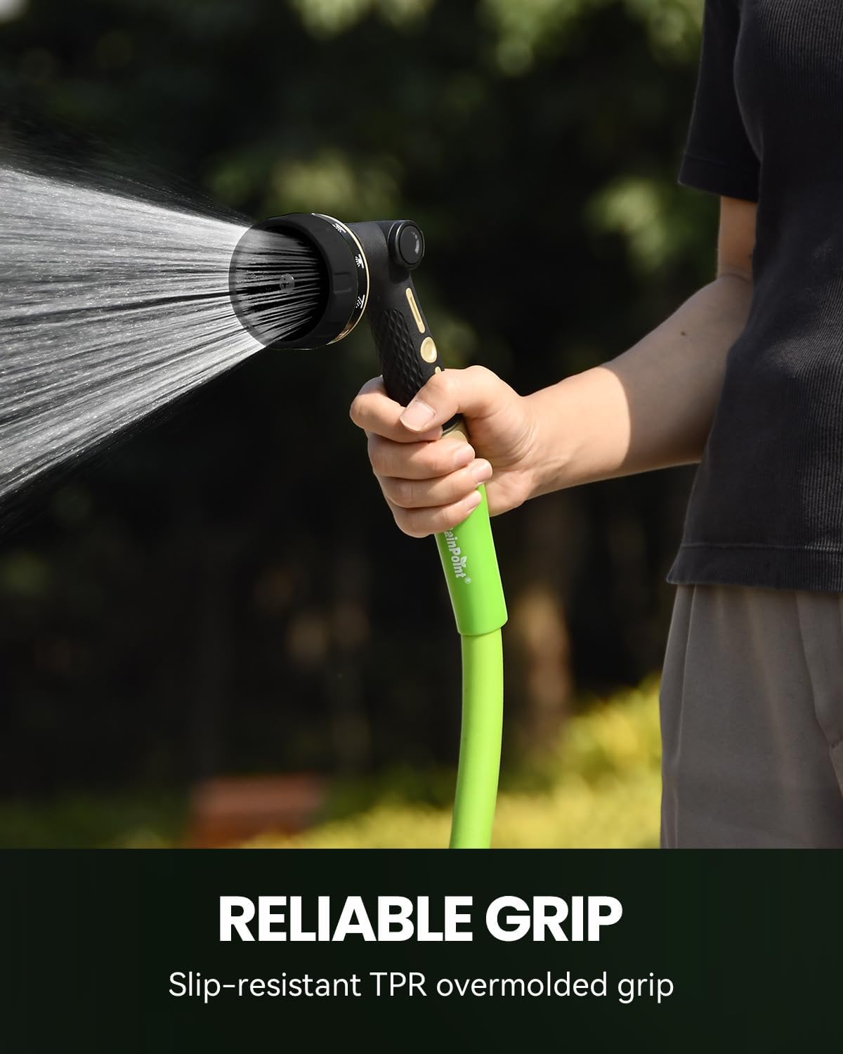 RAINPOINT Garden Hose Nozzle Heavy Duty - 100% Metal Thumb Control Spray Nozzles for Garden Hose High Pressure, 10 Patterns Water Hose Nozzle for Car Wash, Watering Lawn and Pets, Green