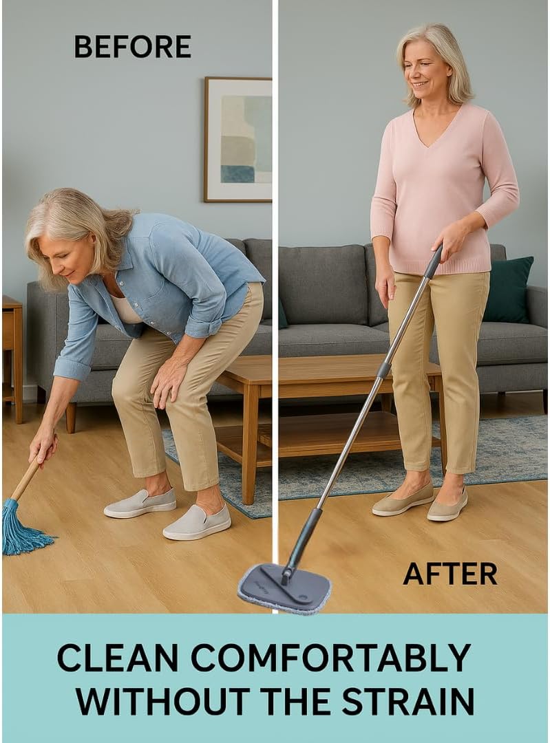 TRUE & TIDY Square Spin Mop & Bucket System – Dual Chamber for Clean & Dirty Water, 360° Rotating Self-Wringing Mop with Built-in Scrub Brush, Stainless Steel Handle & 2 Reusable Microfiber Mop Pads