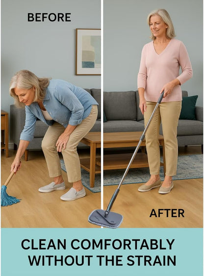 TRUE & TIDY Square Spin Mop & Bucket System – Dual Chamber for Clean & Dirty Water, 360° Rotating Self-Wringing Mop with Built-in Scrub Brush, Stainless Steel Handle & 2 Reusable Microfiber Mop Pads