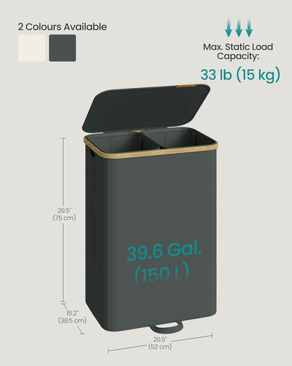 SONGMICS Laundry Hamper, Laundry Sorter with Lid, Storage Basket Bin, Removable Liners, Bamboo Frame, for Bedroom, 3 Sections, 44.9 Gal. (170 L), Ink Black ULCB533BH01