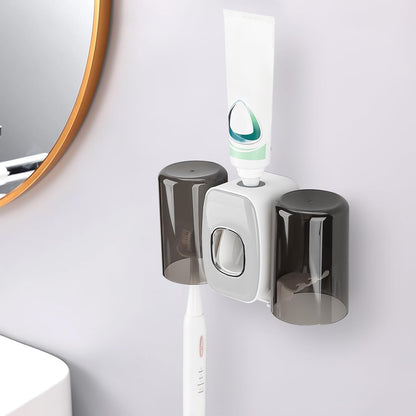 4 Slots Wall Mount Toothbrush Holder with Cover, Self Adhesive Toothbrush Storage Organizer for Shower, Toothbrush Hanger with 2 mouthwash Cups for Bathroom, Medicine Cabinet, Dorm (Black)